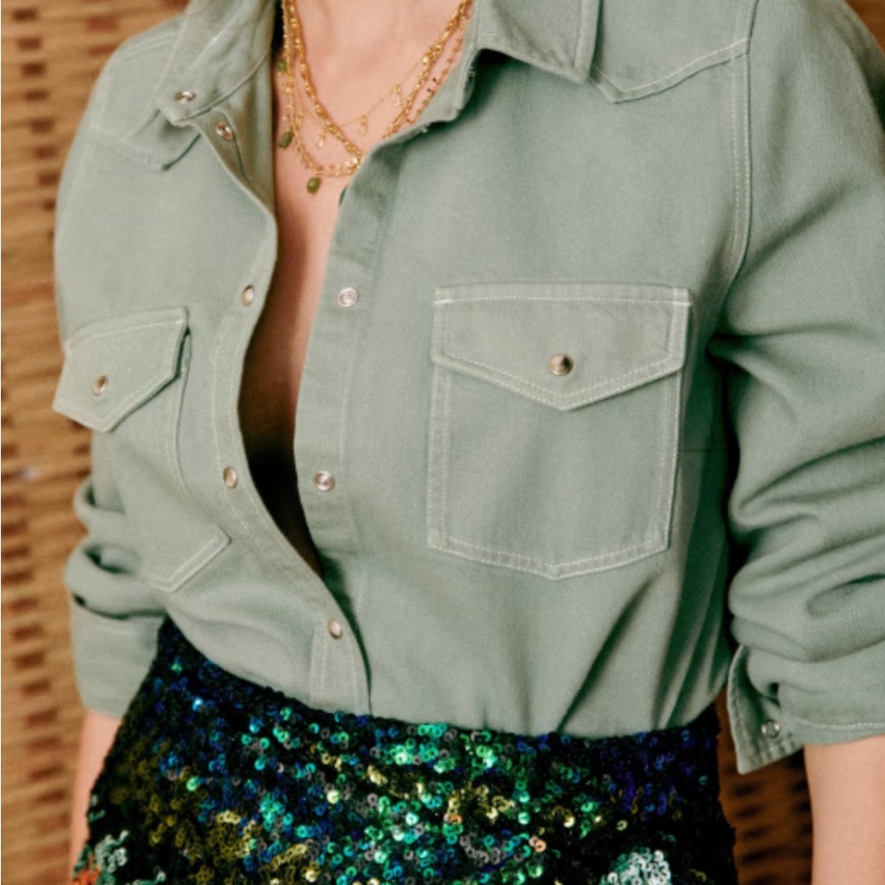 Sezane Green Button-Up Shirt